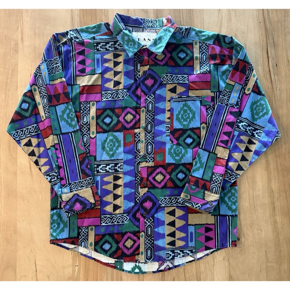 Vintage 90's Frank Abstract Multicolored Geometric Aztec Button Down Men's L USA